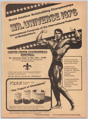 Arnold Schwarzenegger Pose Yoplait Yogurt Joe Weider Bodybuilding 1976 Print Ad