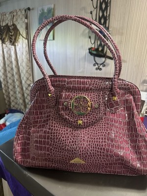IMAN Global Chic Purple Satchel Crocodile Embossed Gold Tone Hardware Zip