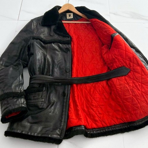 DSQUARED2 Mens Real Mouton Shearling Lamb Leather Coat XL Black Red Belt Auth