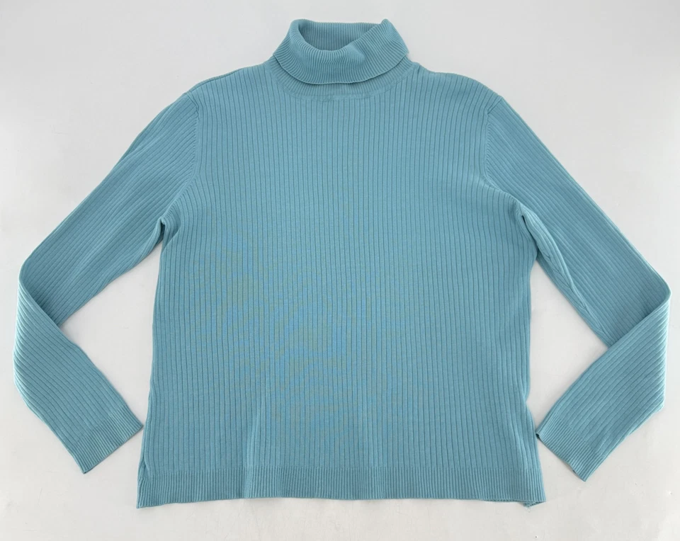 Suéter Chico's Azul Turquesa Acanalado Mezcla Seda Cuello Alto Ligero Talla 3 Foto 3 de 4