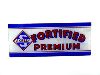 VTG RARE 1940's SKELLY FORITIED PREMIUM GAS RP GLASS PUMP PLATE SIGN. #2