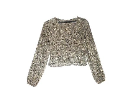 PULL&BEAR: HAUT BLOUSE ML VOLANTE NOIR/MOTIFS BEIGE TAILLE S-36 TBE. - Photo 1/4
