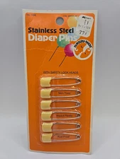 6 Vintage Nursery Needs Stainless Steel DIAPER PINS No. 1396 Safety Lock Heads