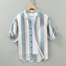 Mens Color Contrast Stripe Casual Japanese Vintage Half Sleeve Linen Shirt