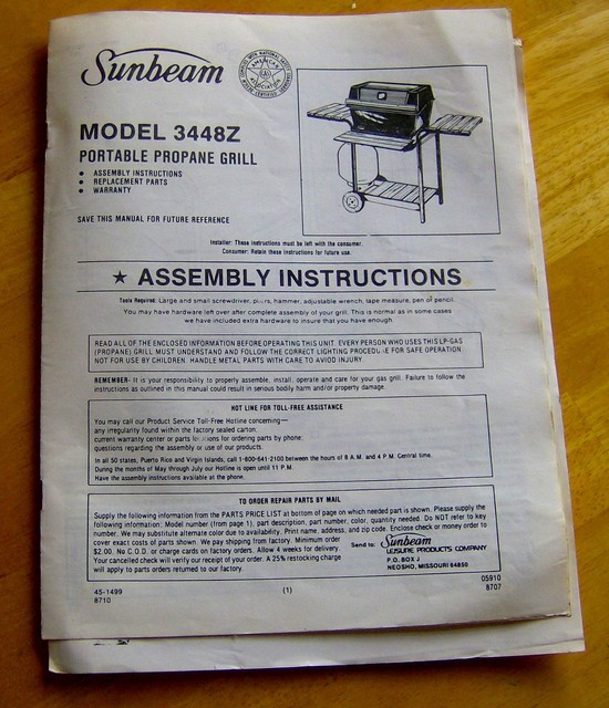 vintage SUNBEAM Portable Propane Grill model 3448Z assembly