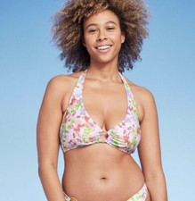 Shade Shore Women's L Large 12 14 Bikini Top Halter Floral Multi Ring Bralette