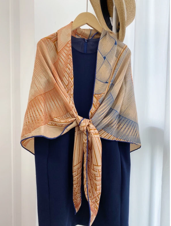 16 Momme Twill Silk Wrap Scarf Geometric Double Face weaving Print Shawl 26" new