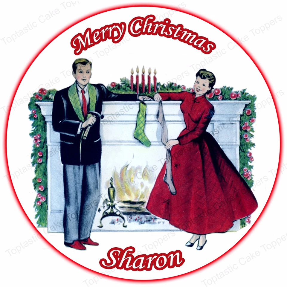 Personalised Vintage Christmas Couple Fireplace Round Edible Icing Cake Topper