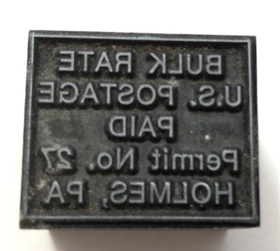 VTG Letterpress Printing Block Wood Metal-Bulk Rate US Postage Paid Holmes, PA