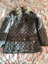 Ladies Girls Womens Black Fur Collar Quilted Padded Thin Coat Jacket Size 8