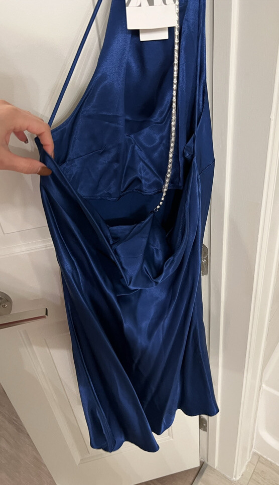 zara blue satin halter dress BNWT Stunning Cobalt Blue ZARA Satin Tie Neck Halter Dress S 10 Bloggers  fav!