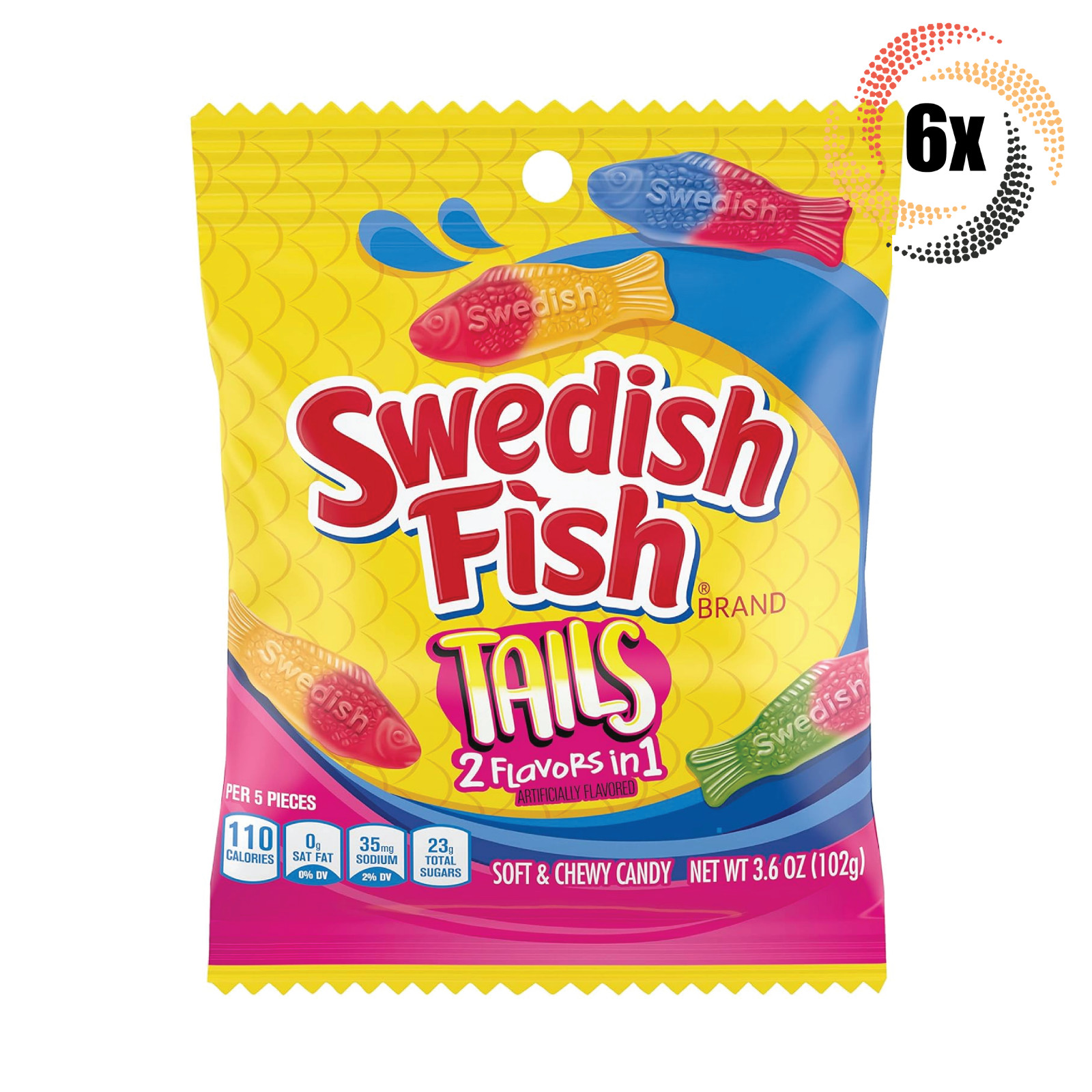 6 пакетиков Шведских рыбьих хвостиков со вкусом 2в1, мягкие и жевательные мармеладные конфеты | 3,6 унции