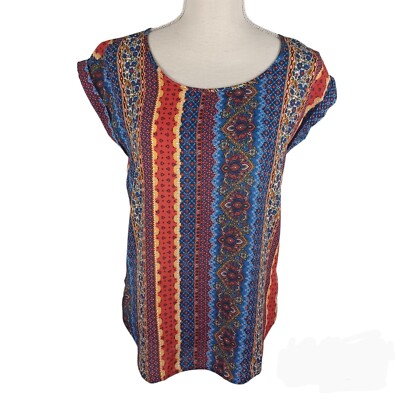Pink Rose Geometric Shirt Small Multi-Colored -Split Fly Away Back -Cuff Sleeves