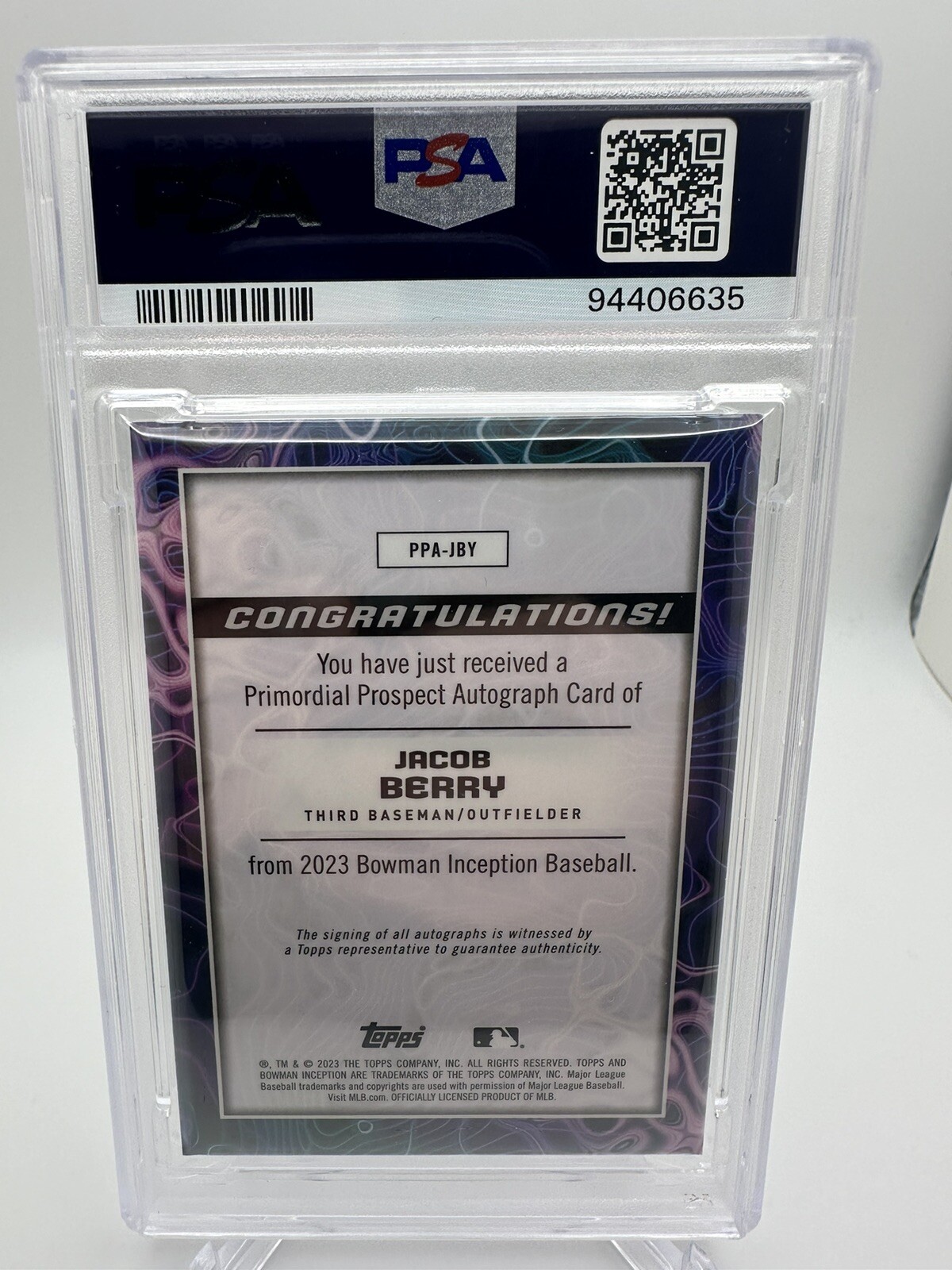 2023 Bowmnan Inception Jacob Berry Primordial Prospect Foilfractor Auto 1/1 PSA9 view 5