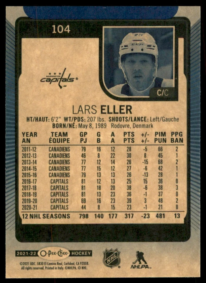 2021-22 O-Pee-Chee Blue Border Lars Eller #104 - Image 2 of 2