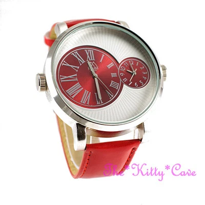 MAB Créateur Argent en Cuir Rouge Double Time 2 Jumeau Horaire Cadran Grosse Montre