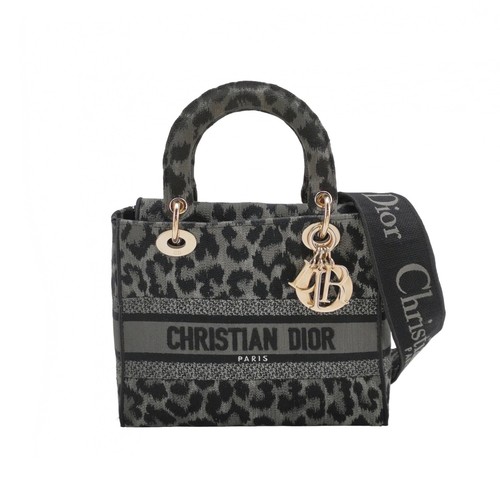 Dior Lady D-Lite Medium Grey Leopard Print Embroidered Canvas Tote Bag
