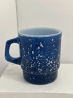 Vintage Fire King Anchor Hocking Glass Blue Spatter White Mug Mid Century Modern