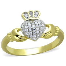 Irish Claddagh Ring 14k Gold Plated Silver Clear CZ Heart Crown Friendship Gift