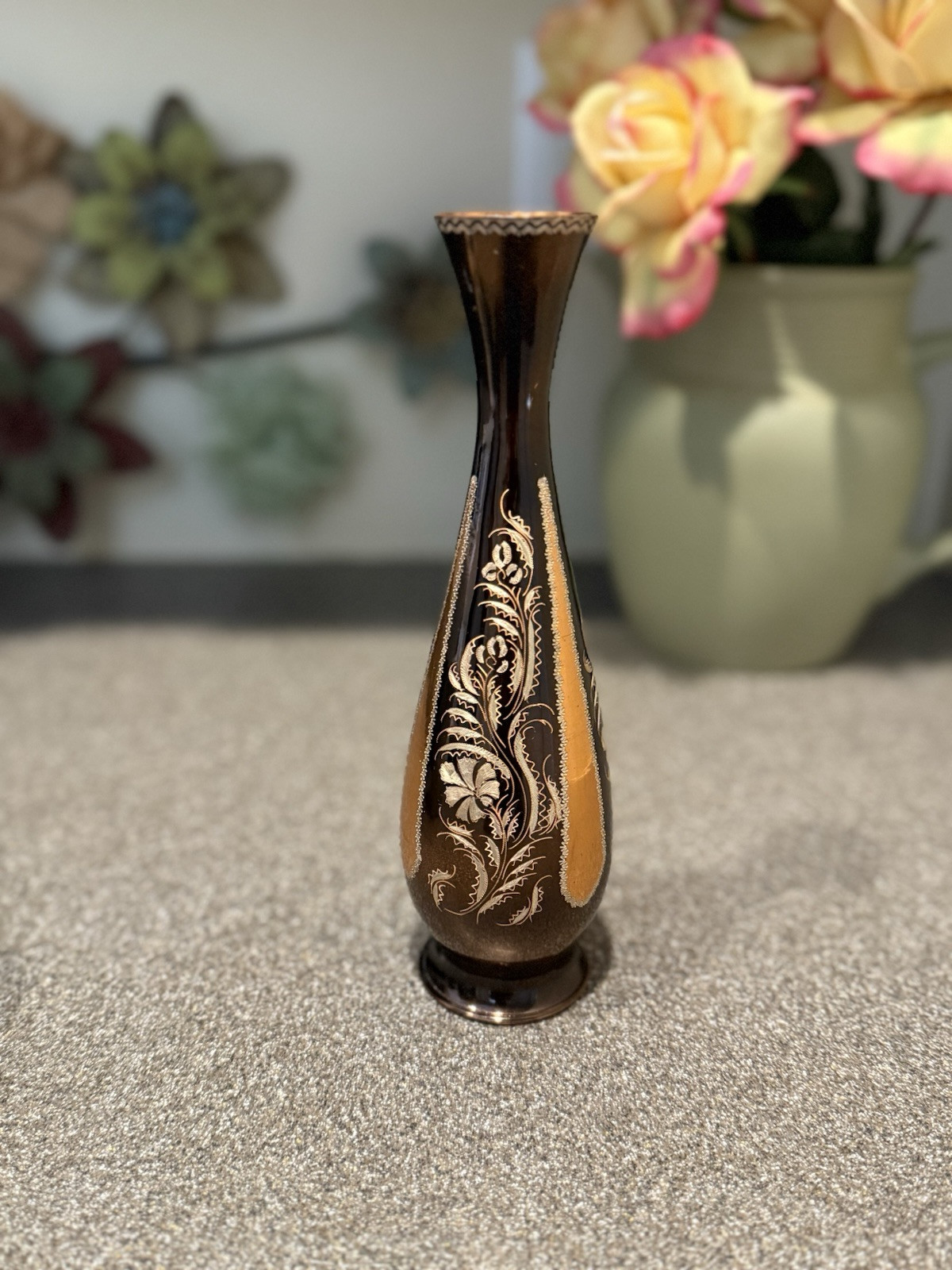Vintage Akincilar Imports Etched Copper Bud Vase Brown Made in Turkey 8