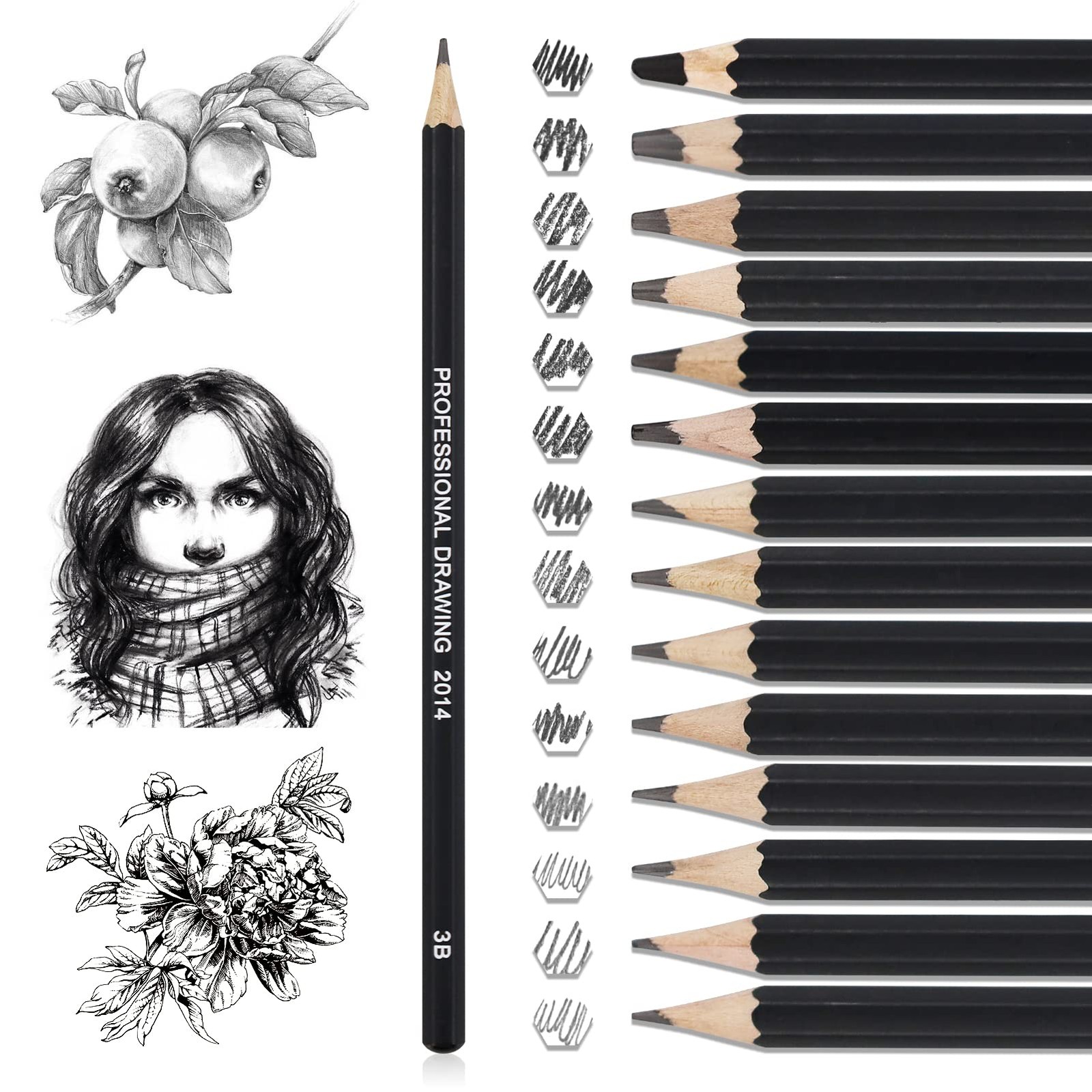 14 Pcs Drawing Pencils 12B, 10B, 8B, 7B, 6B, 5B, 1 count (Pack of 14), gray