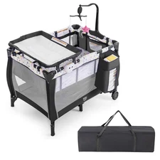 Portable Baby Playard Nursery Center Crib Bassinet w/ Music Box Hanging Toys