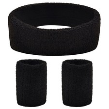 BLMHTWO 3 Piece Sweat Band Set Cotton Headband Wristbands Black