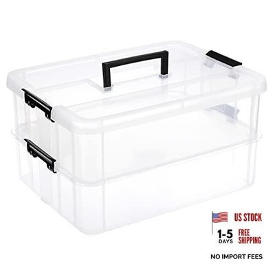 JUXYES 2-Tier Stack Carry Storage Box with Handle - Transparent Stackable Black