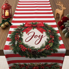 Christmas Decorations - Red White Stripe Joy Xmas Wreath Table Runner