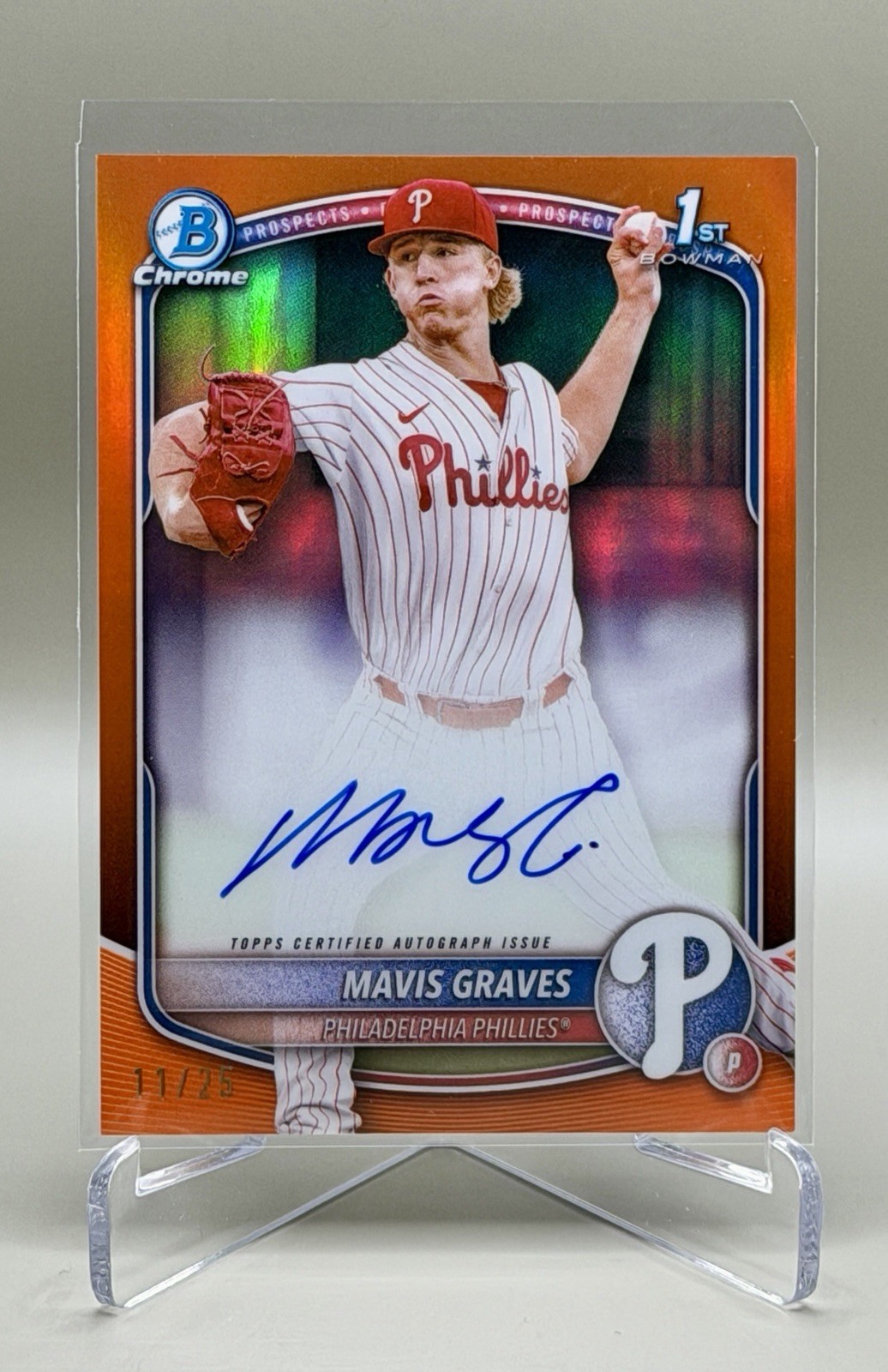 2025 Bowman Chrome Mavis Graves 1st Auto Orange Refractor /25 Phillies SP