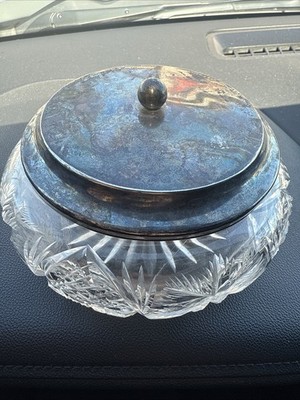 Antique Cut Crystal Trinket Box Silver Plated Repoussé Lid Vanity Dresser Jar