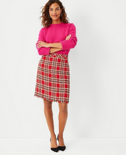 Falda clásica de tweed con flecos a cuadros Ann Taylor roja 578511 talla 4 parte superior de la rodilla nueva sin etiquetas - Imagen 16 de 17