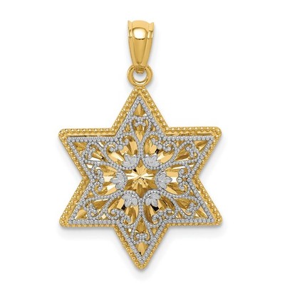 14k Bicolor Gold Davidstern Anhänger Floral Filigran Schnörkel Jüdisches Symbol