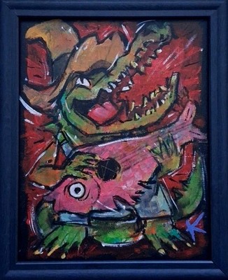 Alligator Outsider Painting Hillbilly Gator Graffiti Folk Art OOAK Signed Canvas