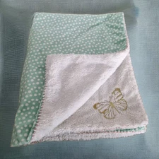 Levtex Baby Blanket Soft Aqua Dotted~ Peach Stitching with Gold Butterfly •Plush