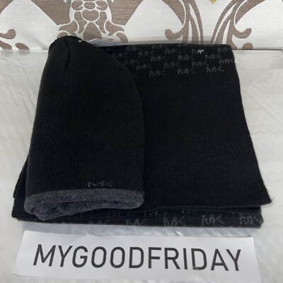 Michael Kors ALL OVER SMALL MK LOGO Scarf and Hat Set BLACK msrp $88