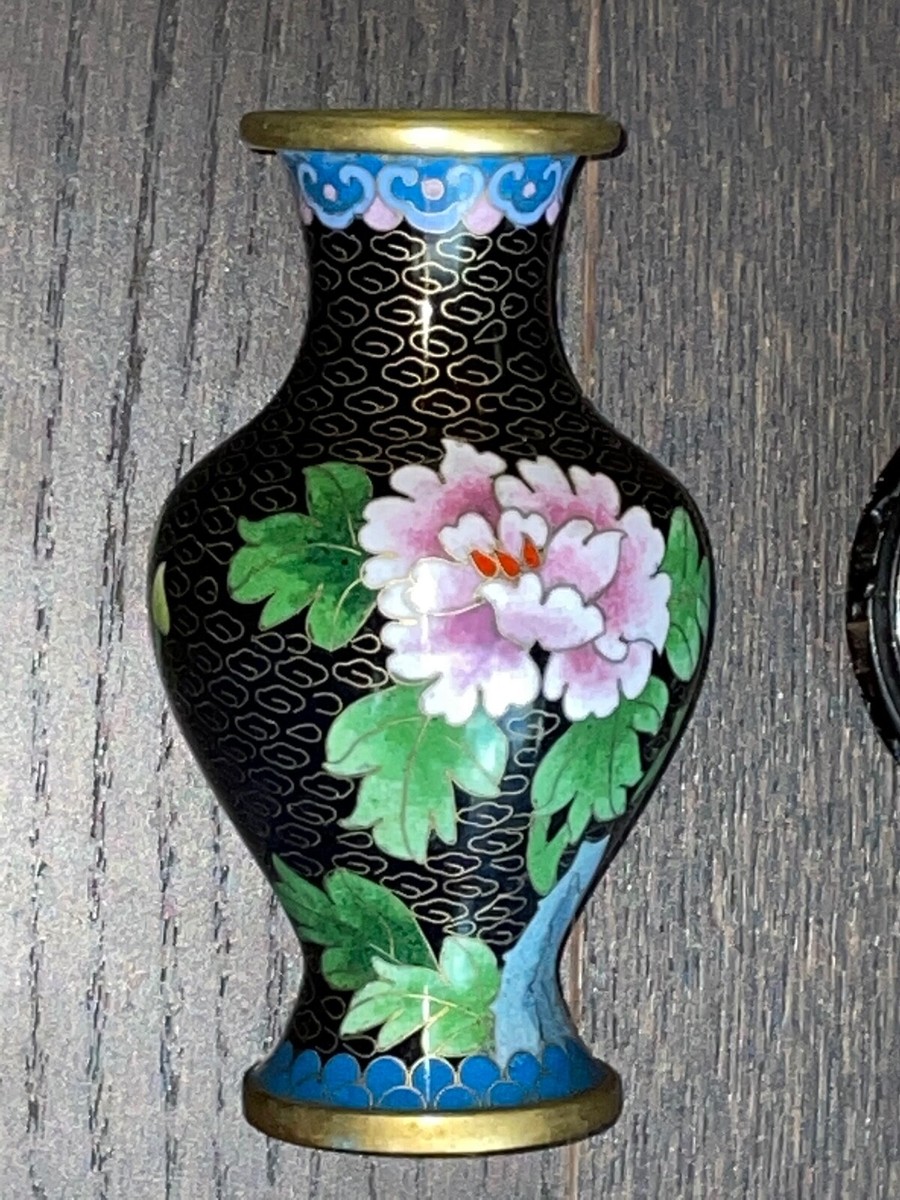 Vintage Chinese Cloisonne Black Vase 6