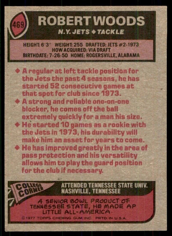 1977 Topps Robert Woods Football Cards #469 - Image 2 of 2