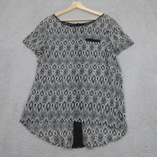 AB Studio Shirt Womens XL Black White Sheer Geo Print Indie Style Bohemian Artsy