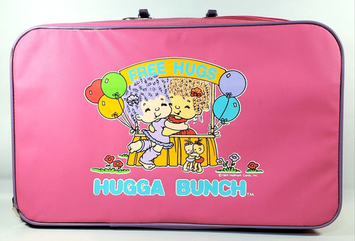 RARE Vintage HUGGA BUNCH Pink & Purple Suitcase Luggage 1984 "Free Hugs" 1980's 