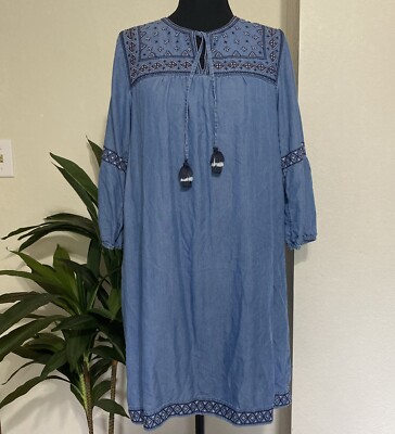 J Jill Sz S Blue Denim Chambray Dress Embroidered 3/4 Sleeve Flowy Knee  Boho | eBay
