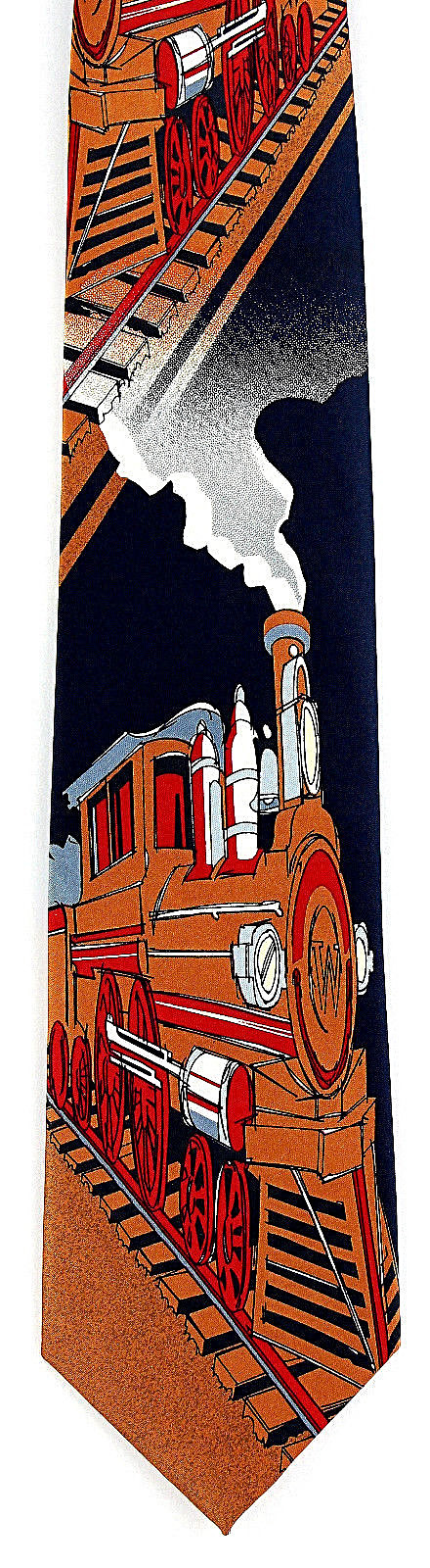 Steam Train Men's Blue Necktie Featuring American Model Railroad Engine Design  -image