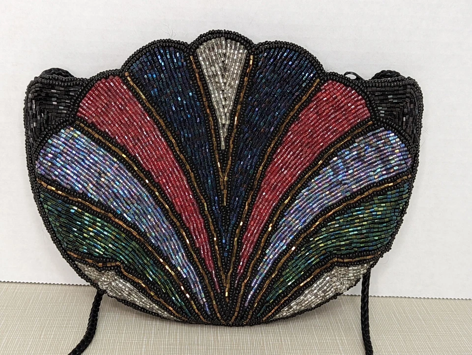 "Bolso de hombro con con concha de almeja con patrón de remolino con cuentas de vidrio 6 colores aproximadamente 8x6""" Foto 3 de 4