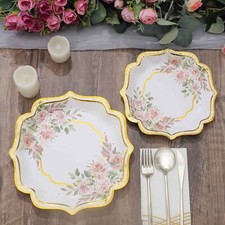25 WHITE 10" Floral Paper Salad DINNER PLATES GOLD Scallop Rim Party Events