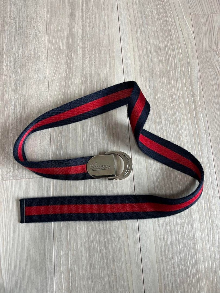 Navy Red Striped GUCCI Sherry Line Belt 85/34 w/ Silver