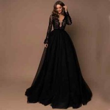 Deep V-Neck Black A Line Wedding Dresses Bridal Gowns Gothic Lace Long Sleeves