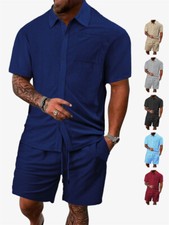Mens Outfit 2-Piece Set Short Sleeve Button Down Shirts and Shorts Sweatsuit Set