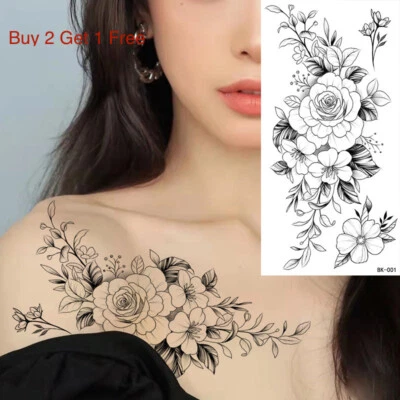 Fake Tattoo Black Flower Beautiful Body Art Sticker Waterproof Ladies Temporary