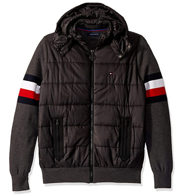 Tommy Hilfiger Men's Black Ski Patrol Mixed Media Snap Off Hood Zip Jacket $249