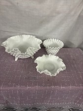 3 pieces of FENTON White Milk Glass Hobnail Ribbon Edge, Footed